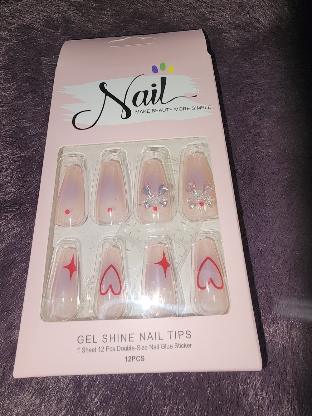 Press On Tips Gel Shine Pink Heart & Star 12 Pcs. $6 NIB - Picture 2 of 4